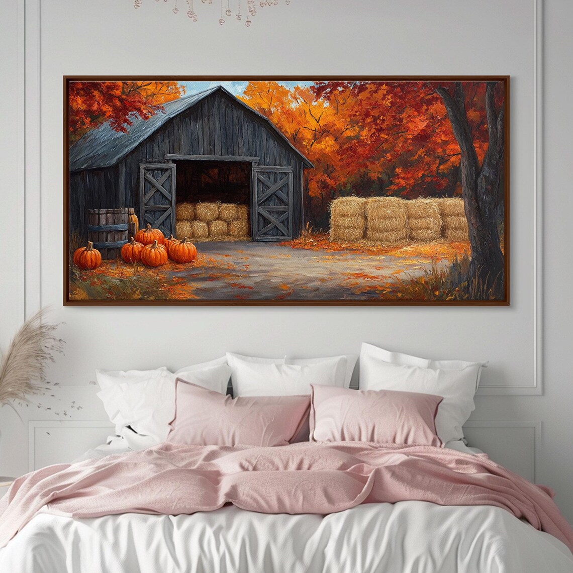 Rustic Dark Barn Hay Bales Pumpkins Blazing Red Autumn Trees Harvest Scene Poster - Image 2