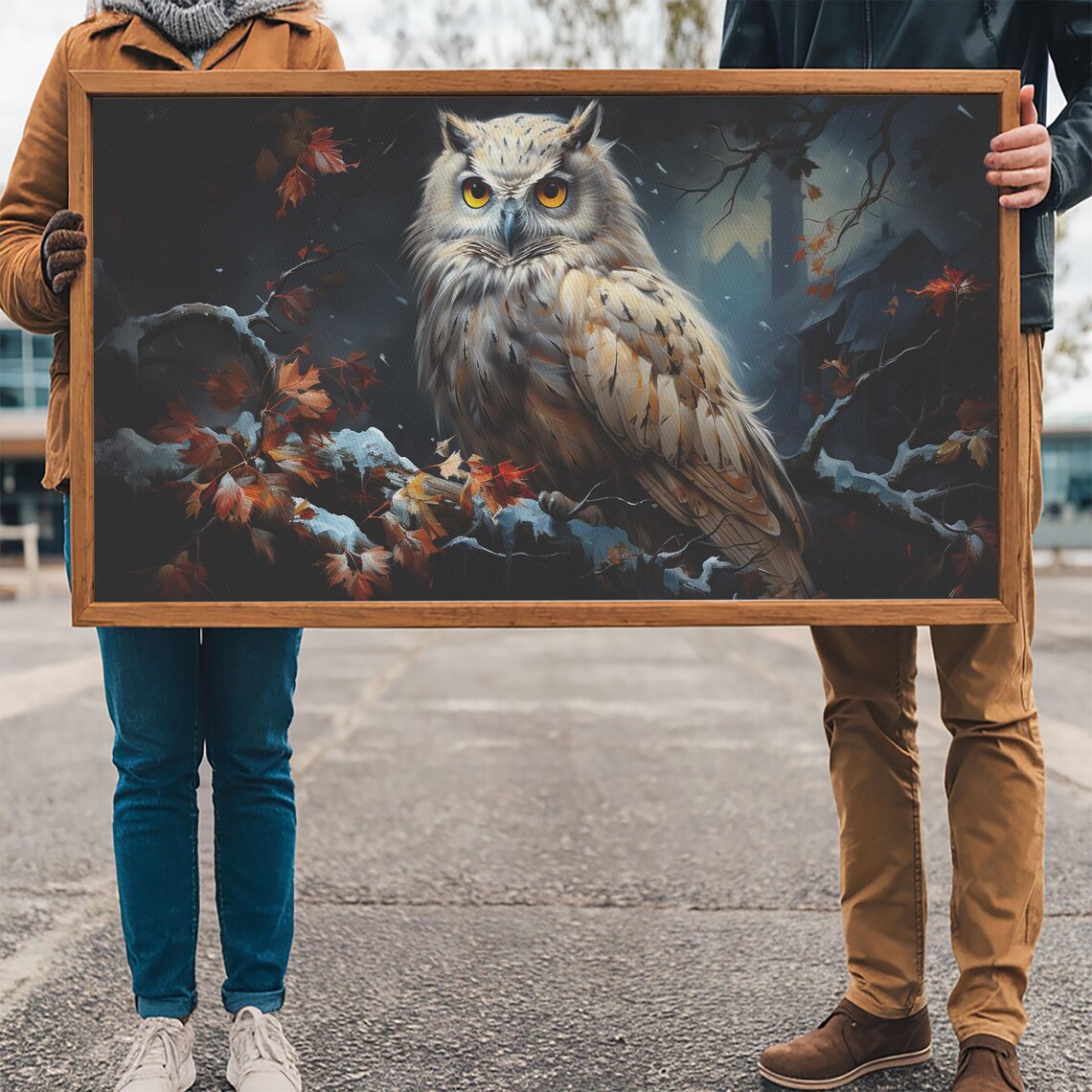 Snowy Winter Owl Portrait Autumn Leaves Falling Snow Wildlife Poster - Image 3