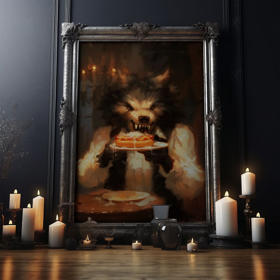 Werewolf Eating Hotdogs Candlelit Table Funny Halloween Art Poster - Image 4