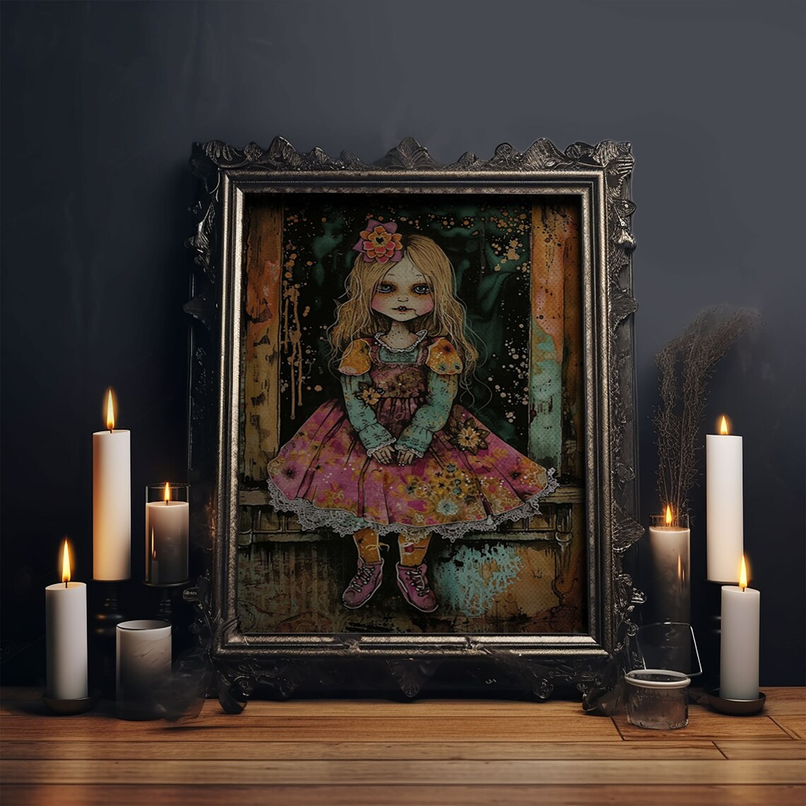 Creepy Doll Girl Pink Floral Dress Vintage Spooky Doll Art Poster - Image 5