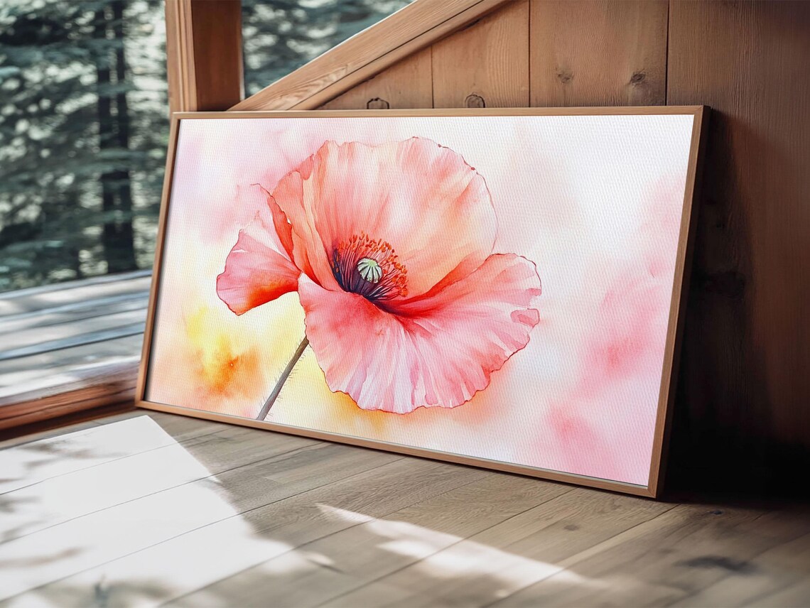 Soft Pink Poppy Close Up Watercolor Delicate Floral Wall Art Poster - Image 4
