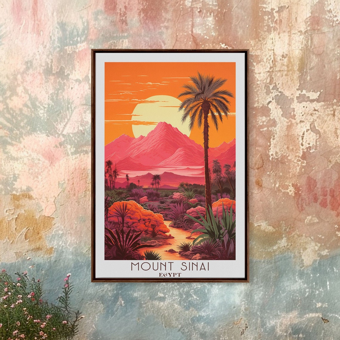 Mount Sinai Egypt Bold Retro Sunset Palm Mountain Landscape Art Poster