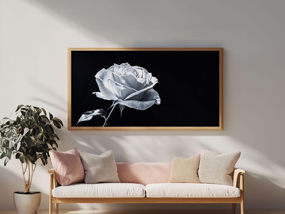 White Rose Monochrome Painting Black and White Floral Wall Art Print - Image 4