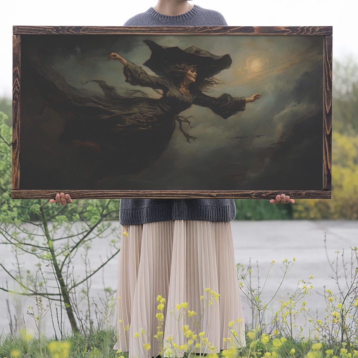 Witch Flying Through Storm Clouds Night Sky Dramatic Magic Art Poster - Image 2