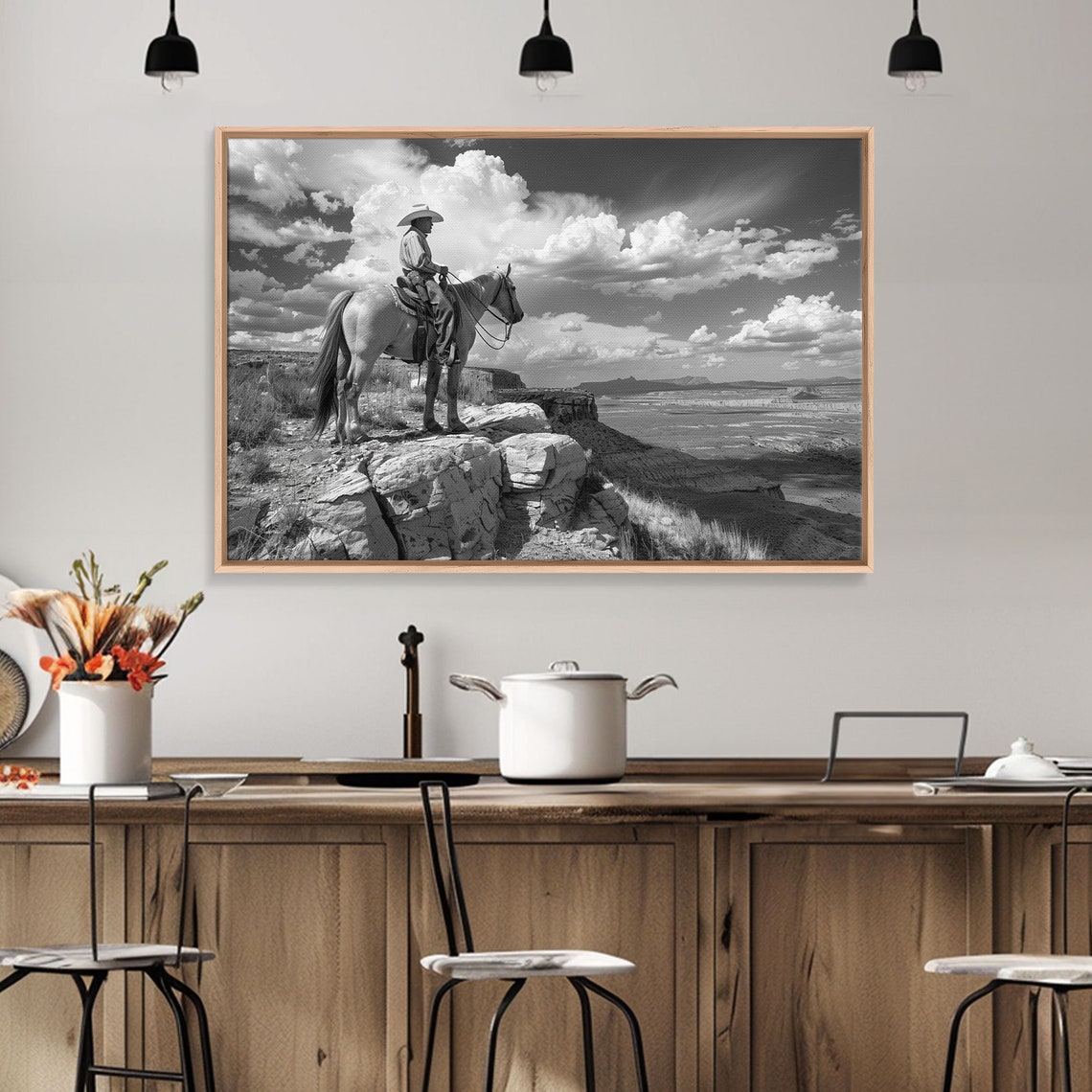 Cowboy Overlooking Valley Horseback Black White Western Poster - Image 5