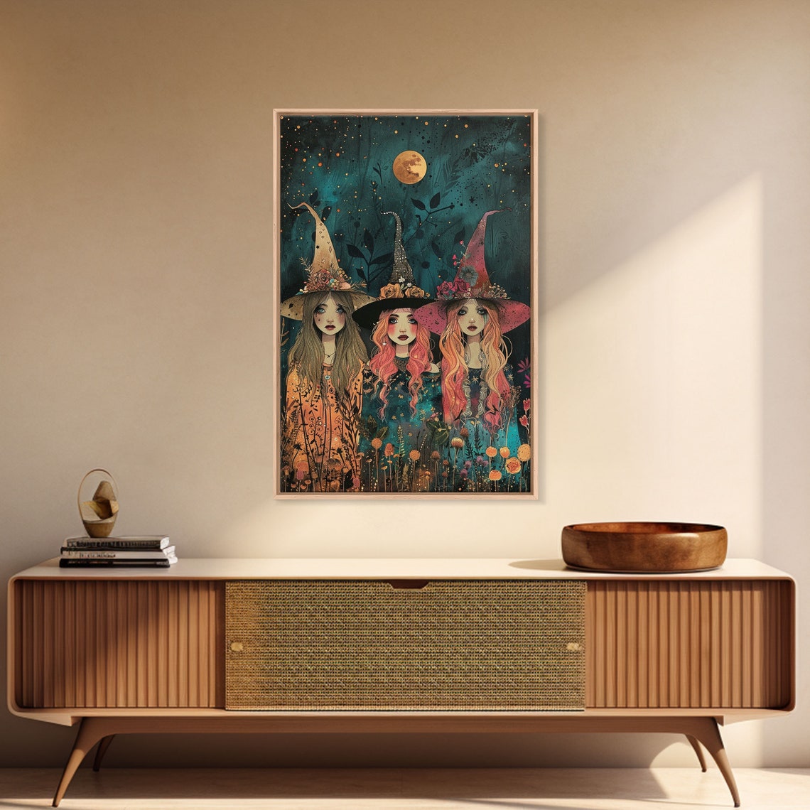 Spring Witches Coven Trio Full Moon Wildflowers Cottagecore Poster - Image 3