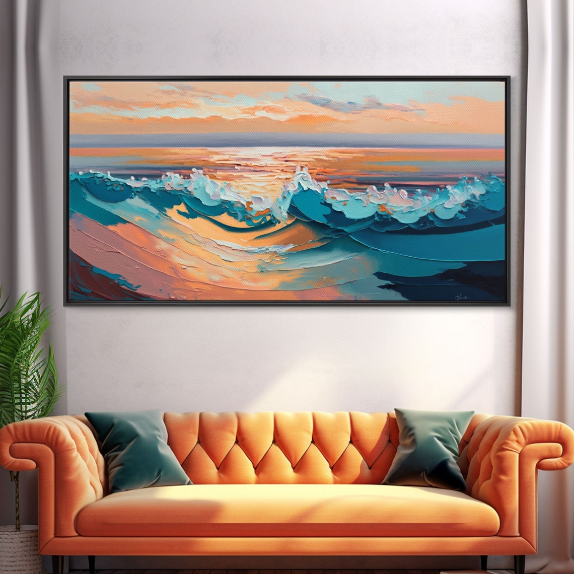 Textured Ocean Waves Sunset Impasto Turquoise Pink Seascape Poster - Image 5