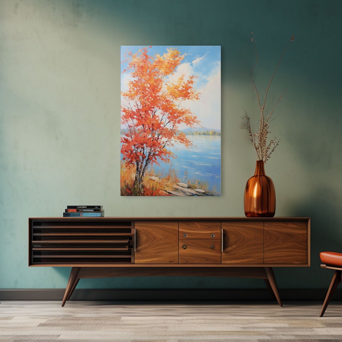 Orange Autumn Tree by Blue Lake Fall Foliage Landscape Painting Poster - Image 5