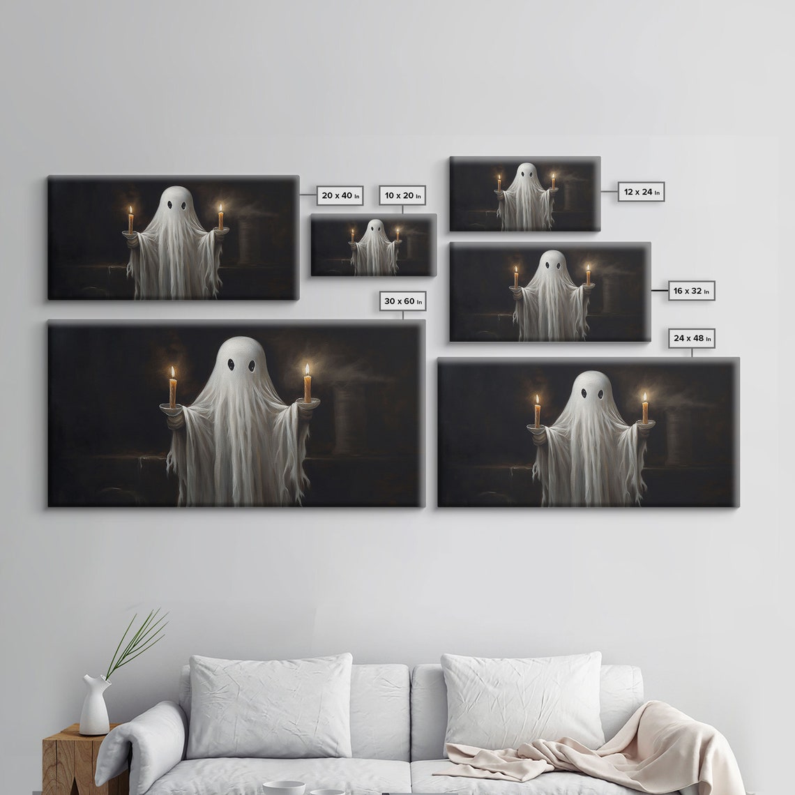 Cute Ghost Holding Two Lit Candles Against Black Background Poster - Image 5