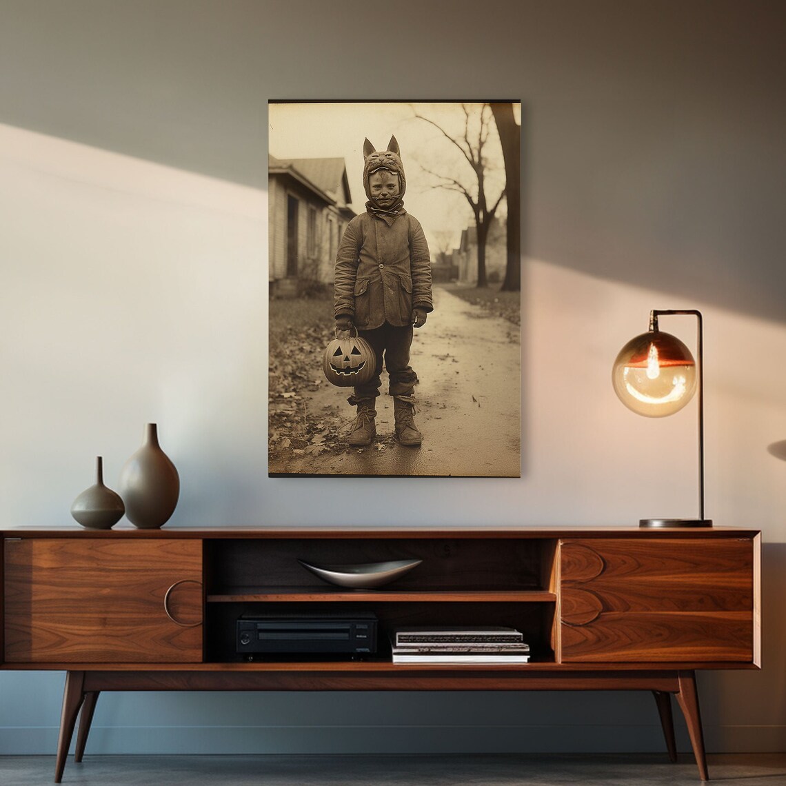 Vintage Halloween Photo Child Cat Costume Pumpkin Trick Or Treat Art Poster - Image 4