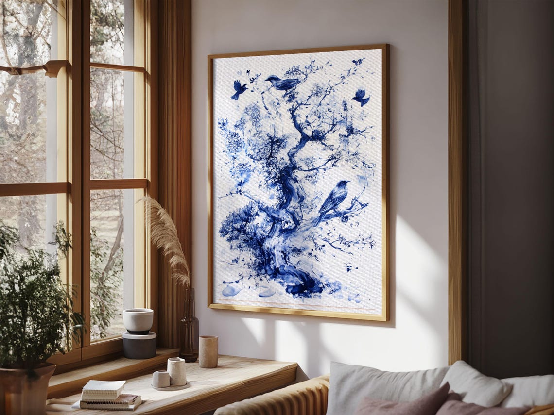 Blue Ink Tree With Birds Chinoiserie Botanical Painting Print - Image 3