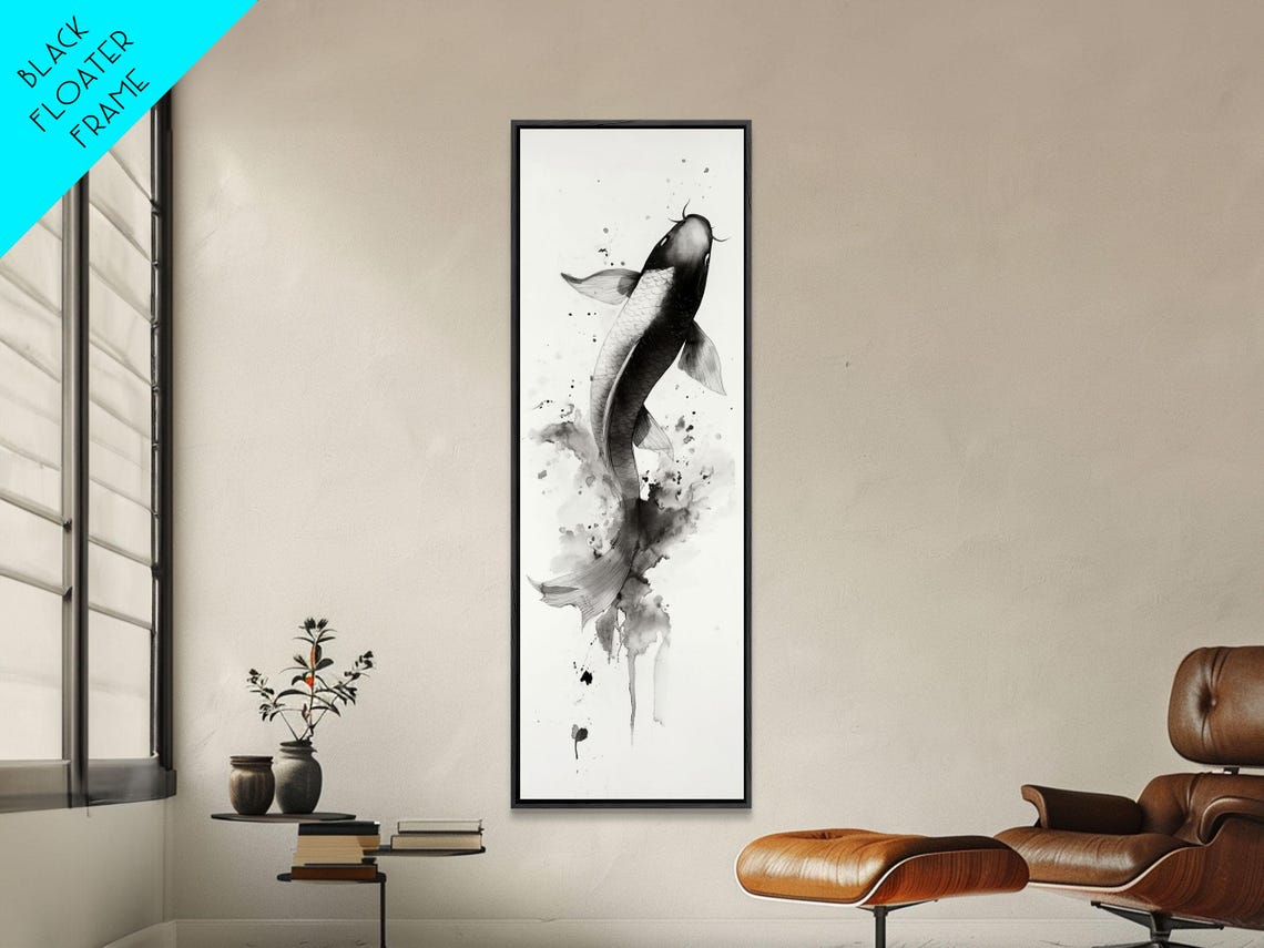 Black Ink Koi Fish Leaping Japanese Sumi E Style Wall Art Poster