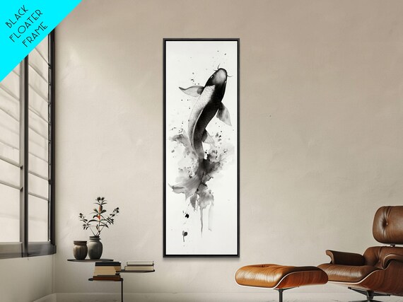 Tall Skinny Koi Fish Painting Print Black And White Wabi Sabi Wall Art Koi Fish Wall Decor Japanese Style Elegant Artwork Narrow Wall Art