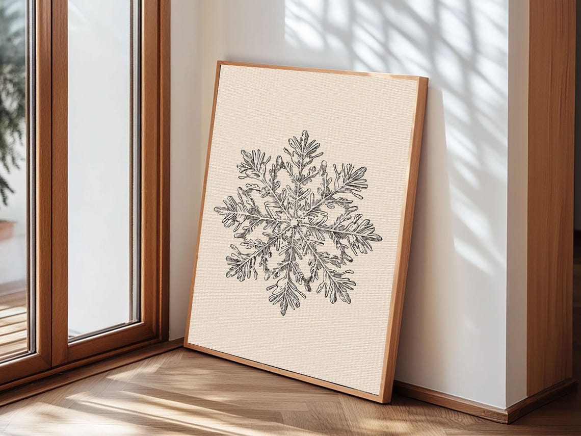 Detailed Vintage Snowflake Engraving Winter Botanical Wall Art Print - Image 3