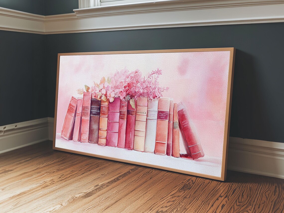 Pink Book Stack With Blossoms Wide Horizontal Library Watercolor Art Poster - Image 3