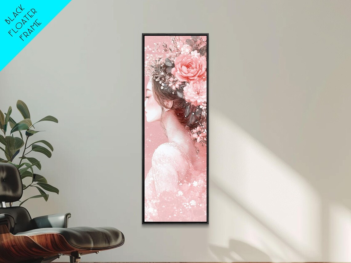 Floral Woman Portrait Pink Roses Watercolor Painting Vertical Wall Art - Image 3