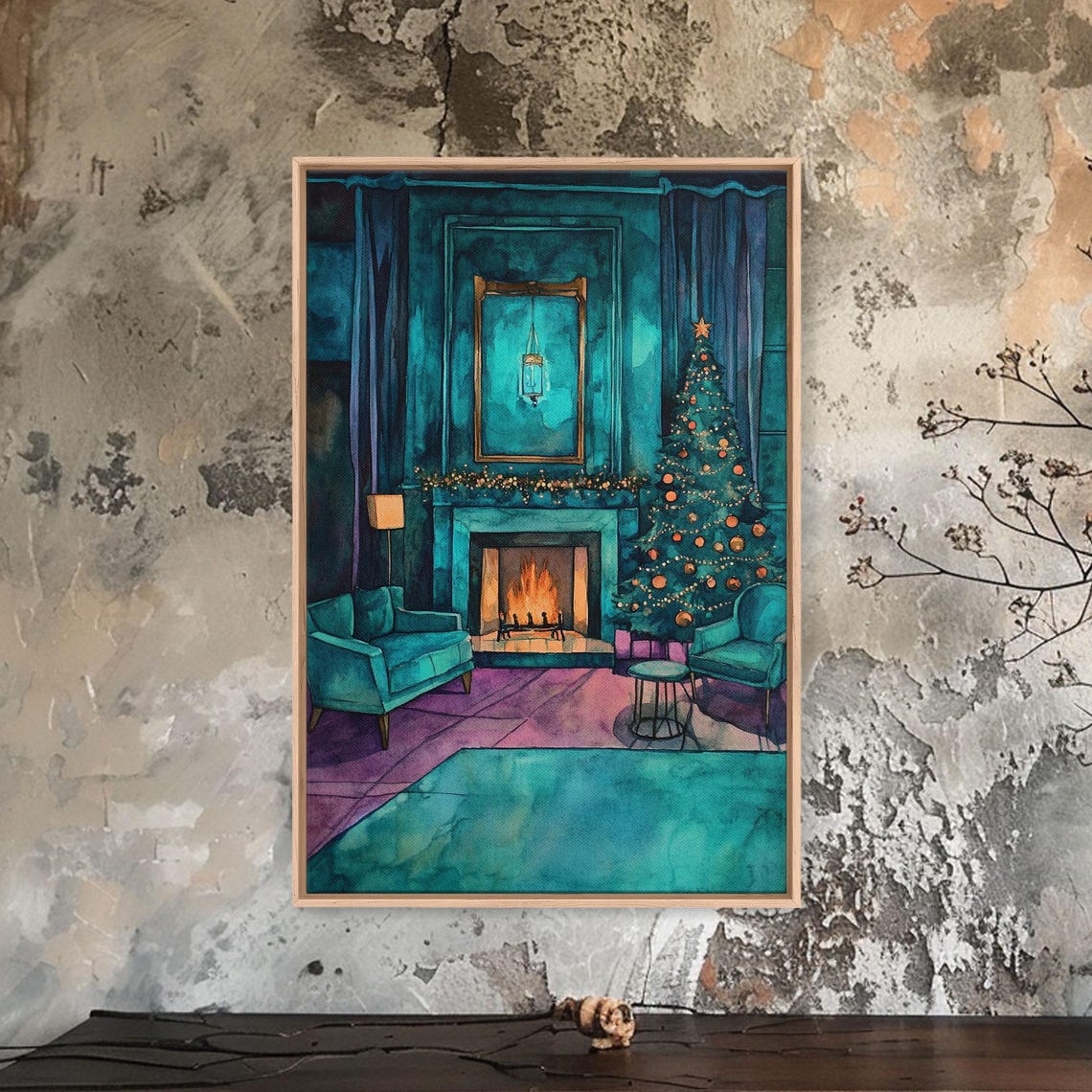 Elegant Teal Living Room With Christmas Tree And Fireplace Poster - Image 4