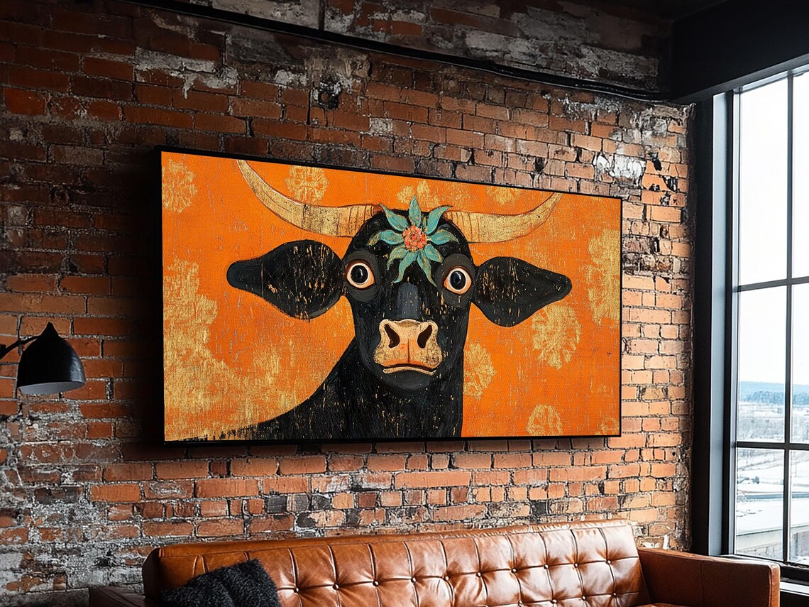 Funny Wide Eyed Black Cow Flower Crown Orange Folk Art Animal Poster - Image 3