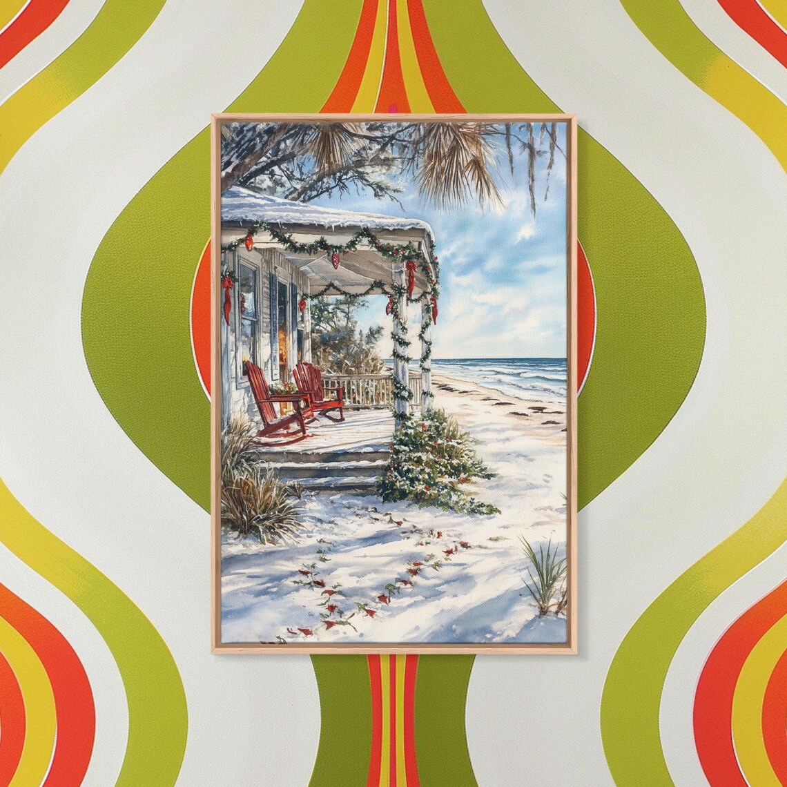 Snowy Beach Cottage Christmas Porch Garland Ocean View Poster - Image 5