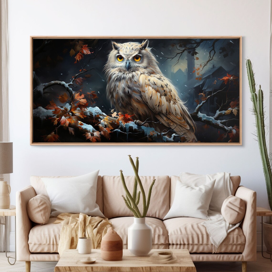 Snowy Owl On Winter Branch Autumn Leaves Night Forest Poster - Image 3