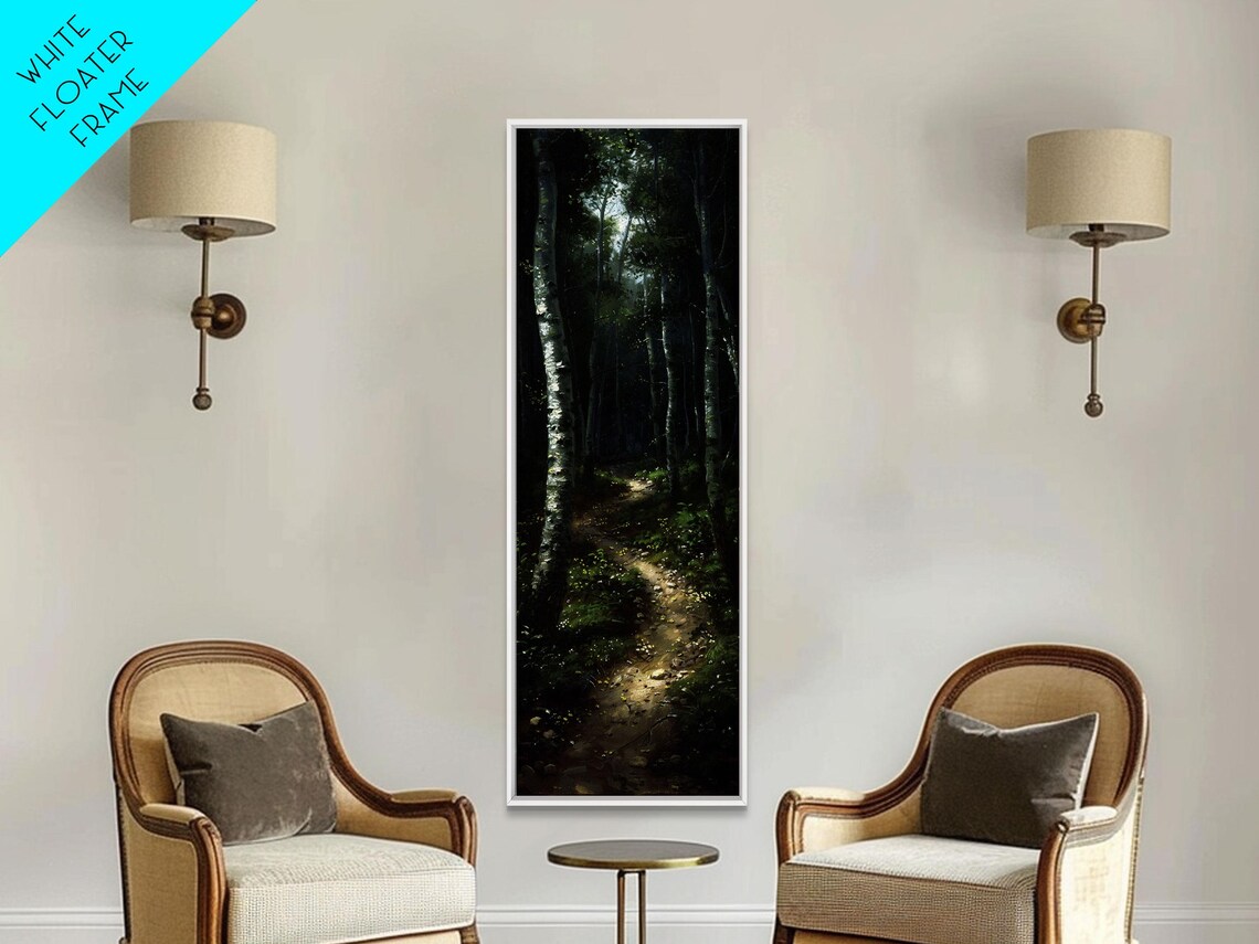 Mysterious Birch Forest Path Tall Skinny Art Framed Print For Serene And Calming Wall Decor In Homes Or Offices - Image 5