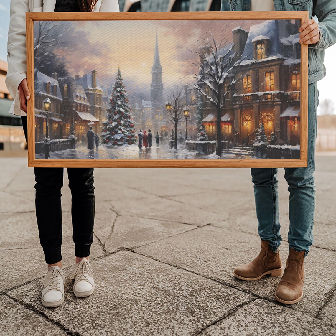 Old Town Christmas Street With Tall Tree And Church Spire Night Poster - Image 5