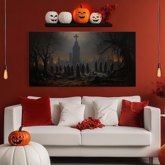 Haunted Cemetery Moonlit Church Cross Hooded Figures Graveyard Night Poster