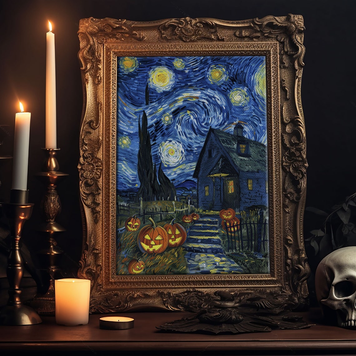 Starry Night Jack O Lanterns Spooky Cottage Halloween Art Poster - Image 6