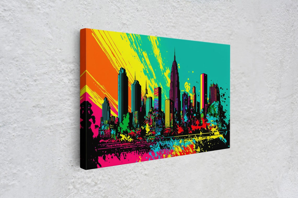 Graffiti City Skyline Neon Orange Teal Splatter Street Art Wall Poster