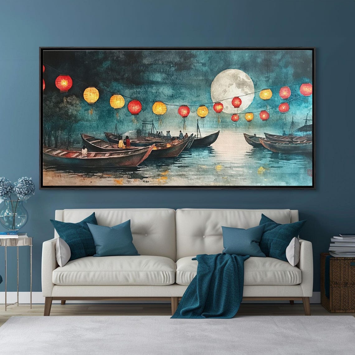 Full Moon Lantern Boats Glowing On Night River Scene Art Print - Image 4