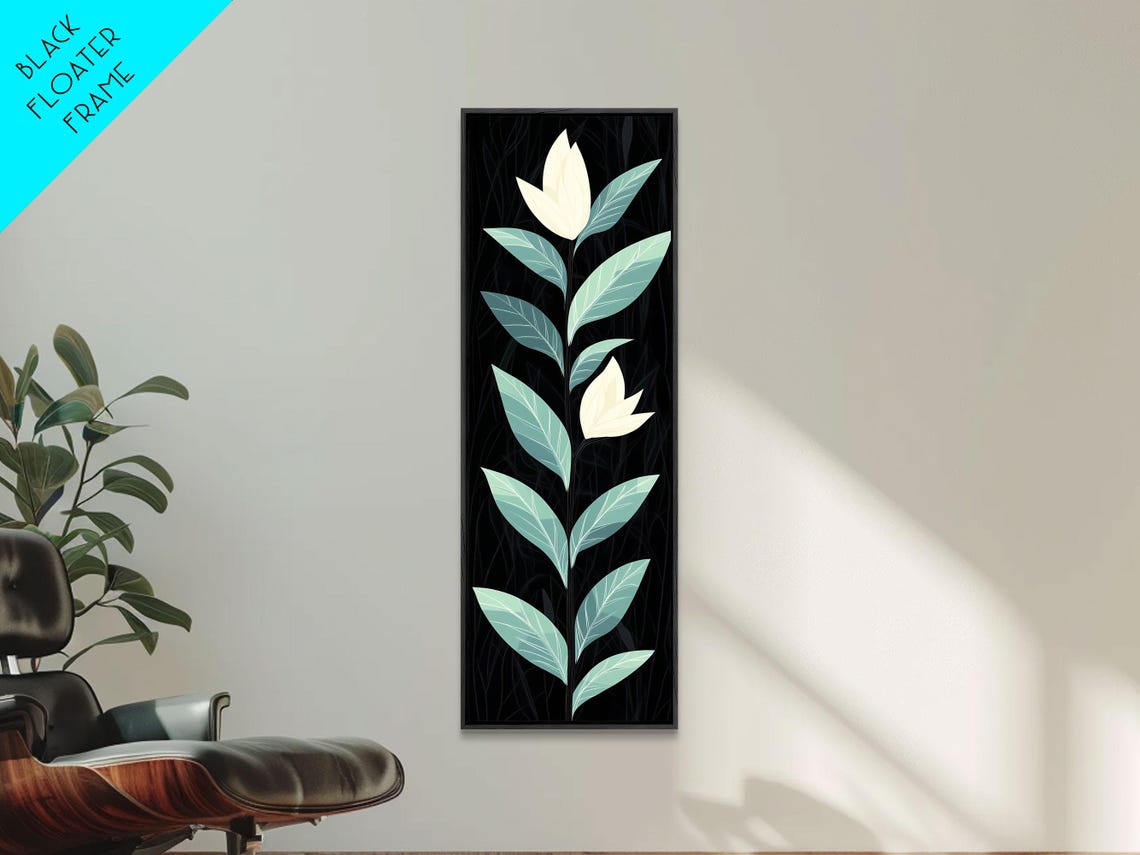 Mid Century Modern Botanical Cream Flowers On Black Art Poster - Image 2