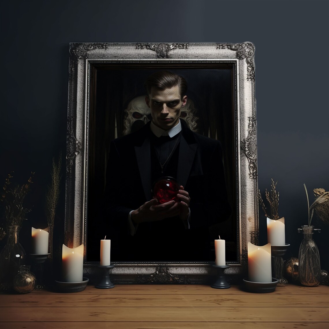 Dark Victorian Vampire Portrait Red Crystal Ball Gothic Spooky Art Print