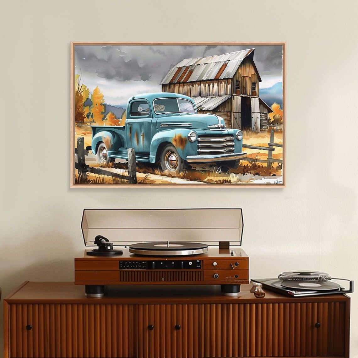 Vintage Turquoise Pickup Truck Old Wooden Barn Autumn Farm Art Poster