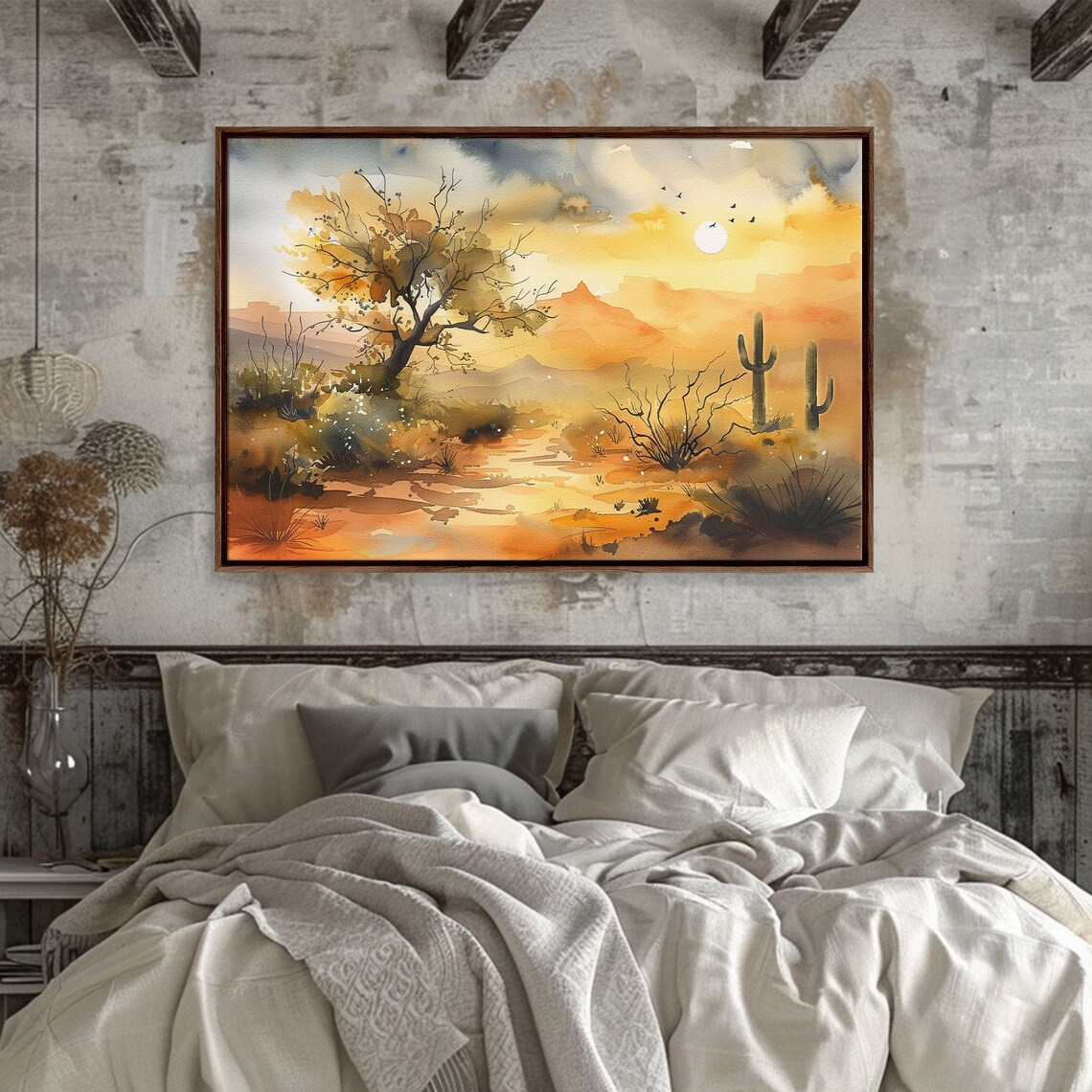 Utah Desert Sunset Watercolor Saguaro Cacti Birds Golden Sky Poster - Image 2