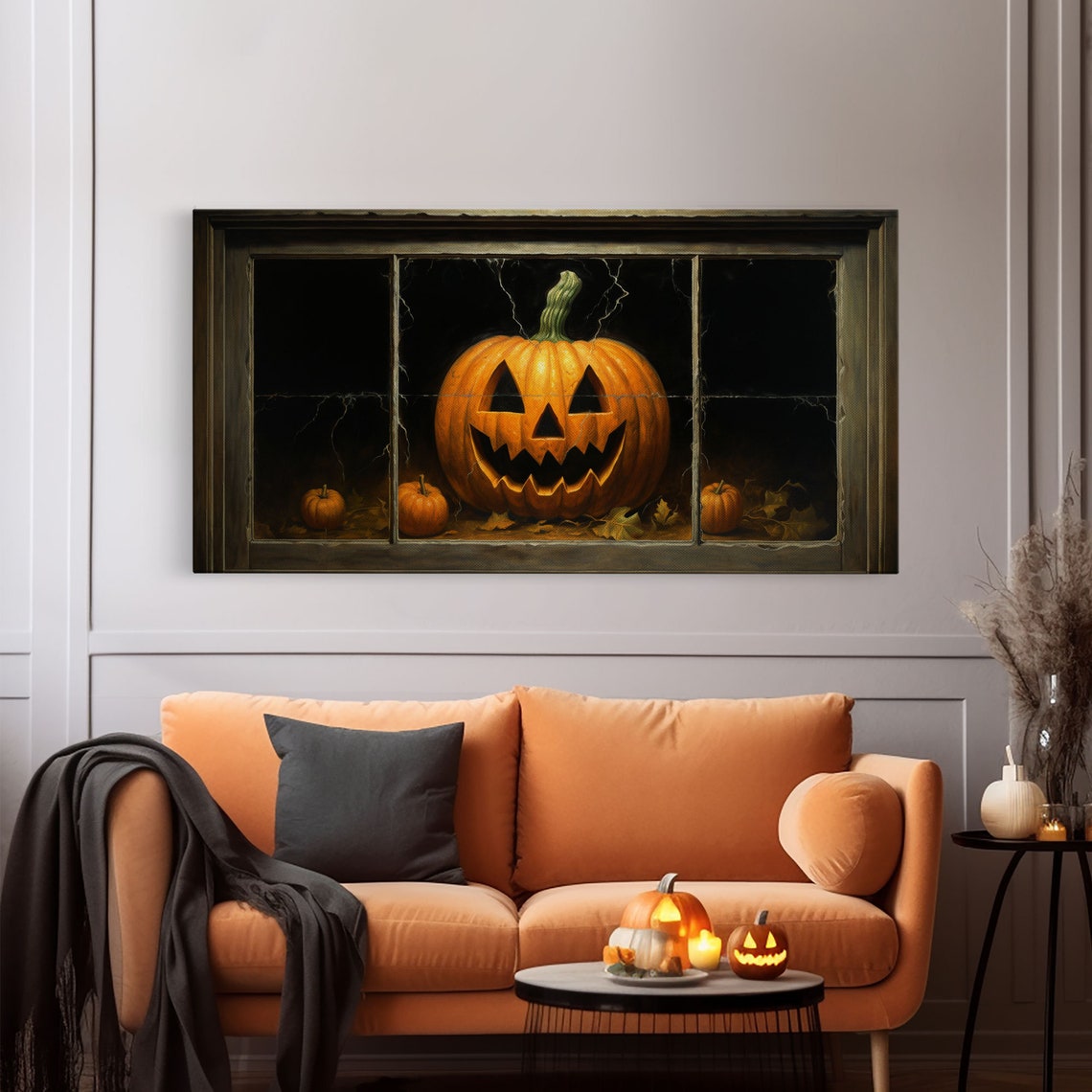 Glowing Jack O Lantern In Dark Window Frame Vintage Halloween Print