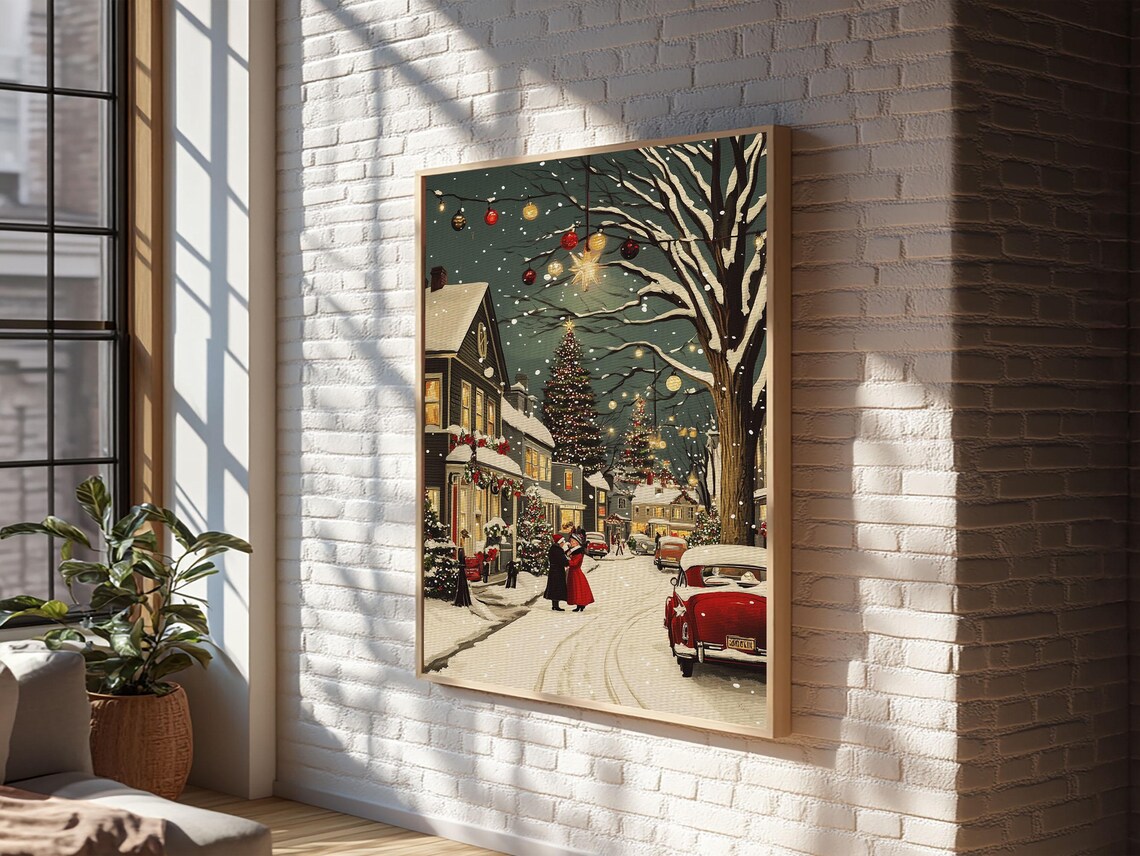 Vintage Christmas Village Street Snowy Night Ornament Light Poster - Image 2
