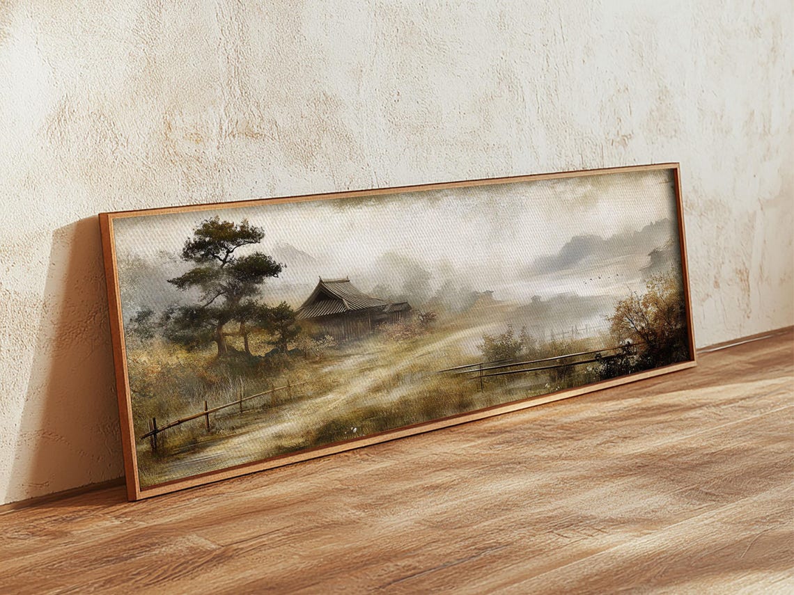 Misty Japanese Countryside Hut Pine Tree Panoramic Landscape Print - Image 6