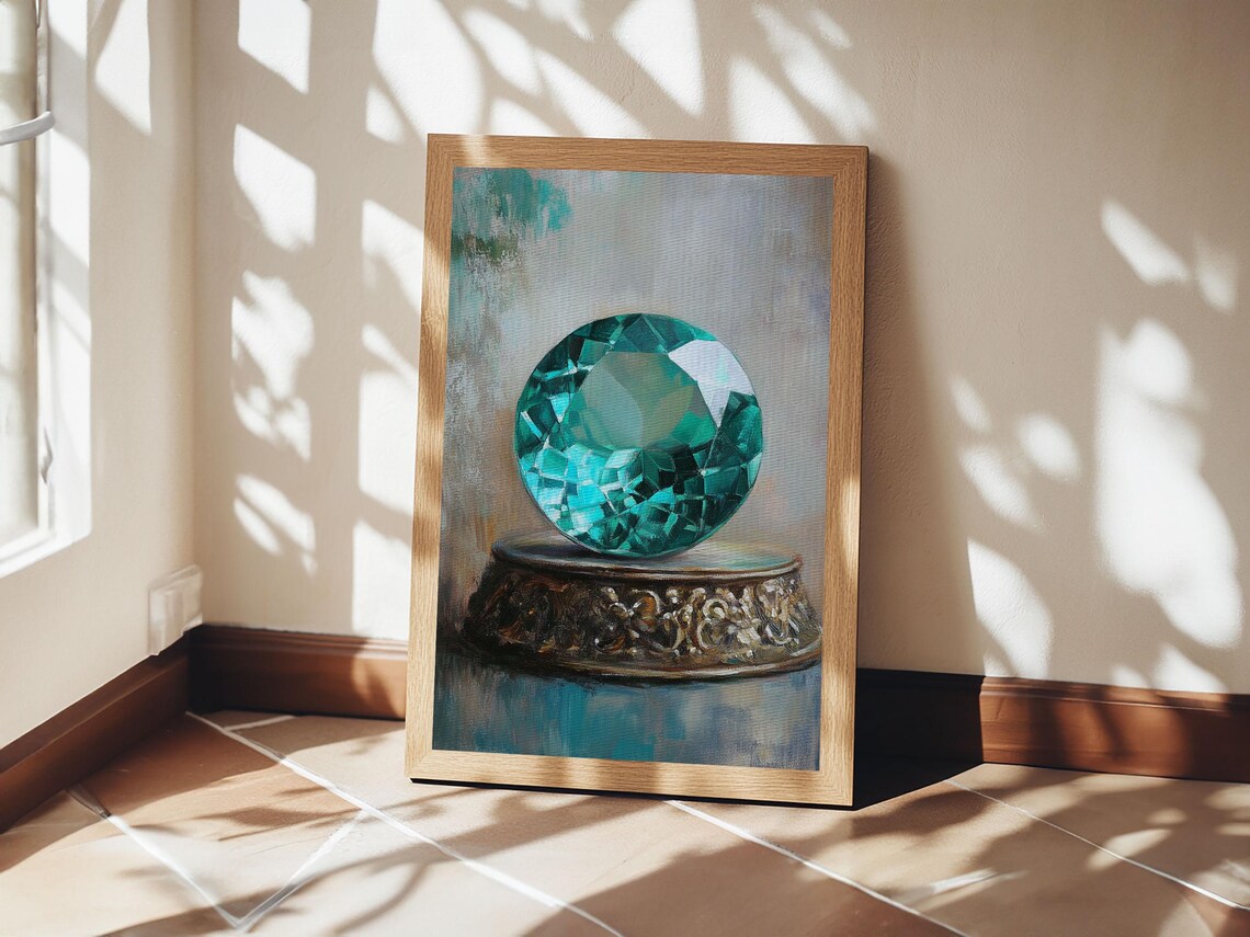 Emerald Green Faceted Gemstone Pedestal Jewel Painting Precious Wall Art - Image 4