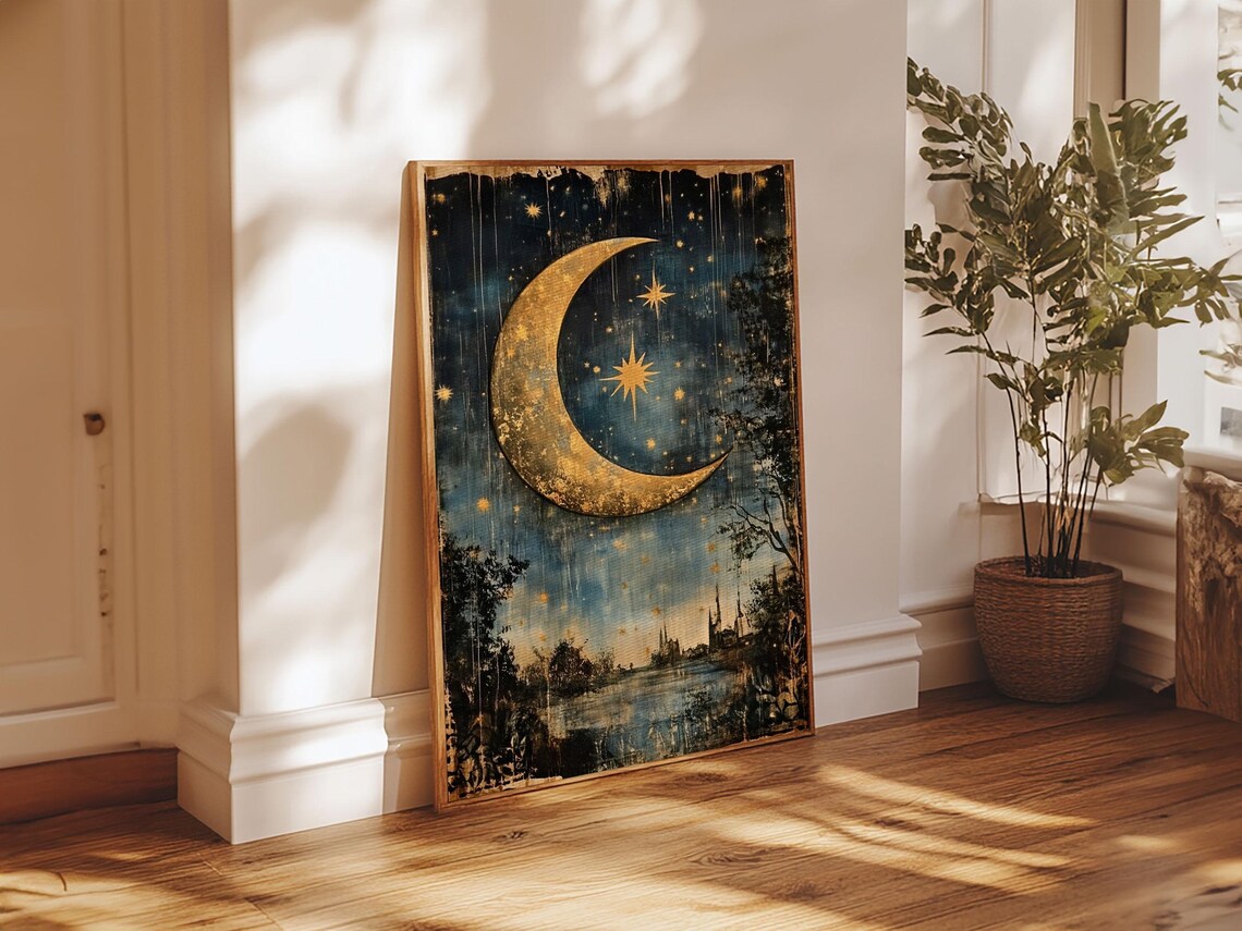 Crescent Moon Starry Night Folk Art Boho Eclectic Poster - Image 6