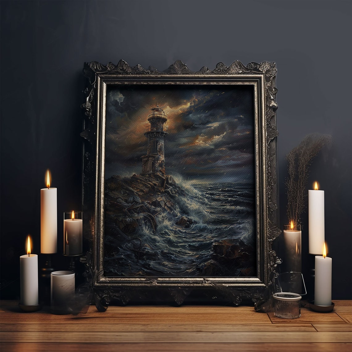 Eerie Lighthouse Castle Stormy Cliff Night Waves Horror Art Poster - Image 6