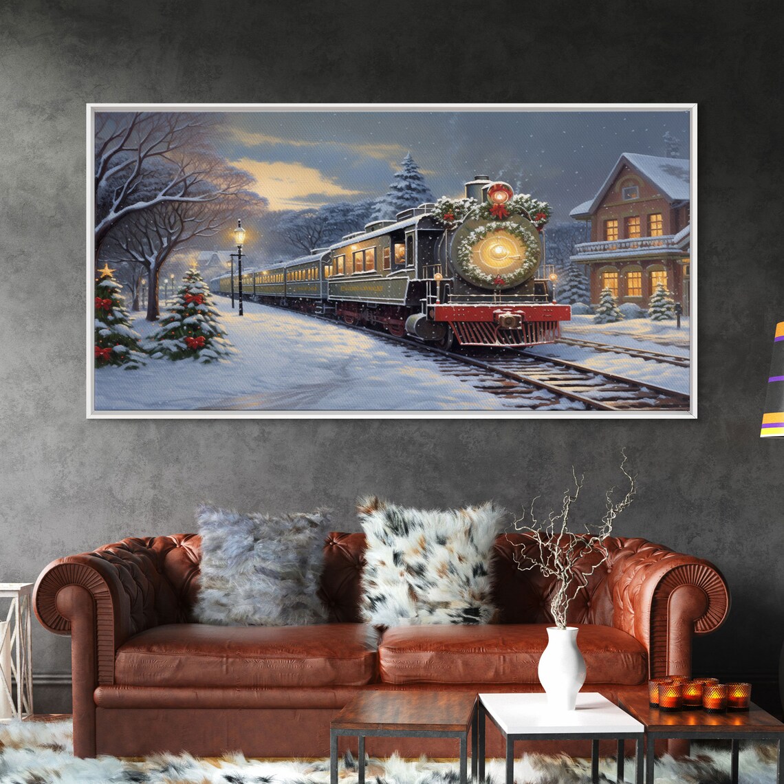 Christmas Train Oil Painting Art Print, Holiday Decor