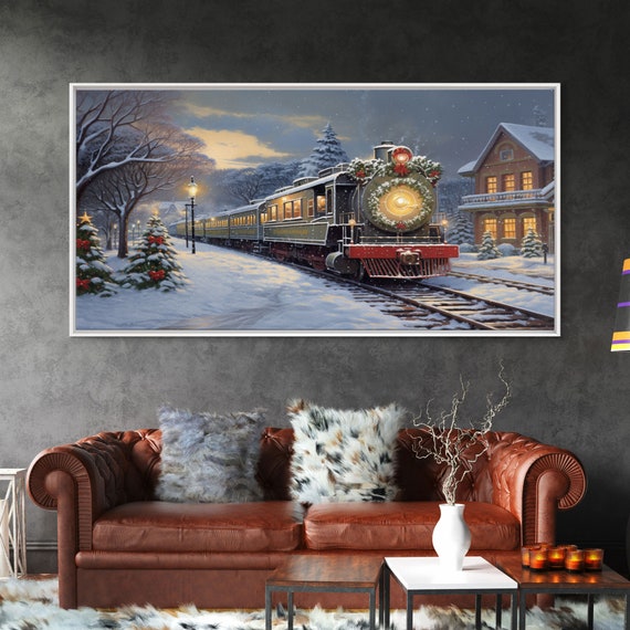 Christmas Train Oil Painting Art Print, Holiday Decor