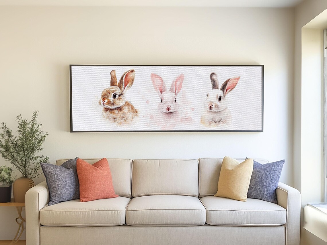 Trio Bunny Rabbits Watercolor Portrait Pink Gold Frame Panoramic Animal Poster - Image 4