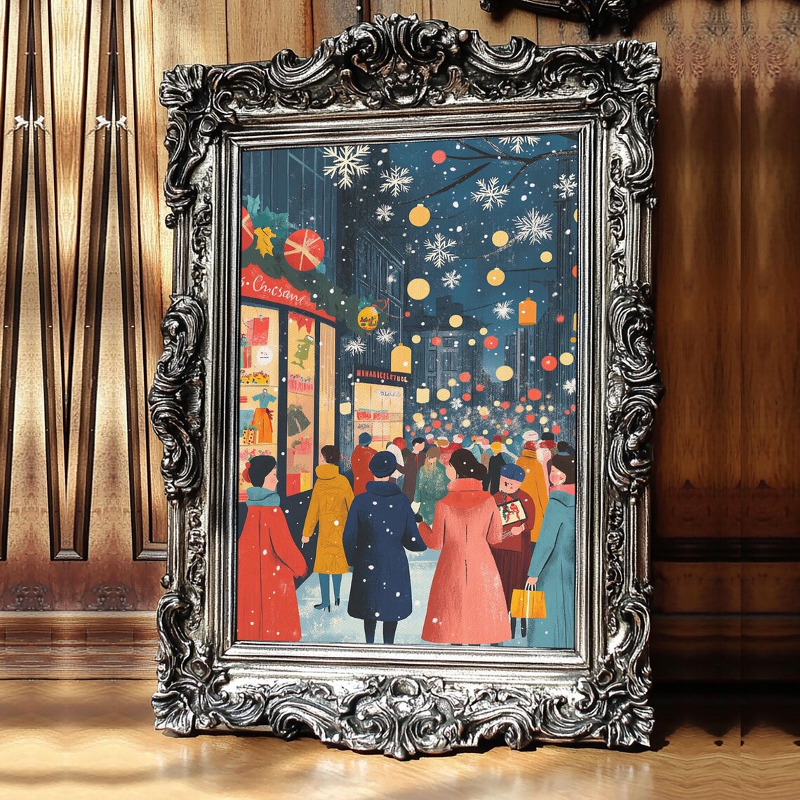 Retro City Christmas Shopping Scene, Vintage Holiday Poster