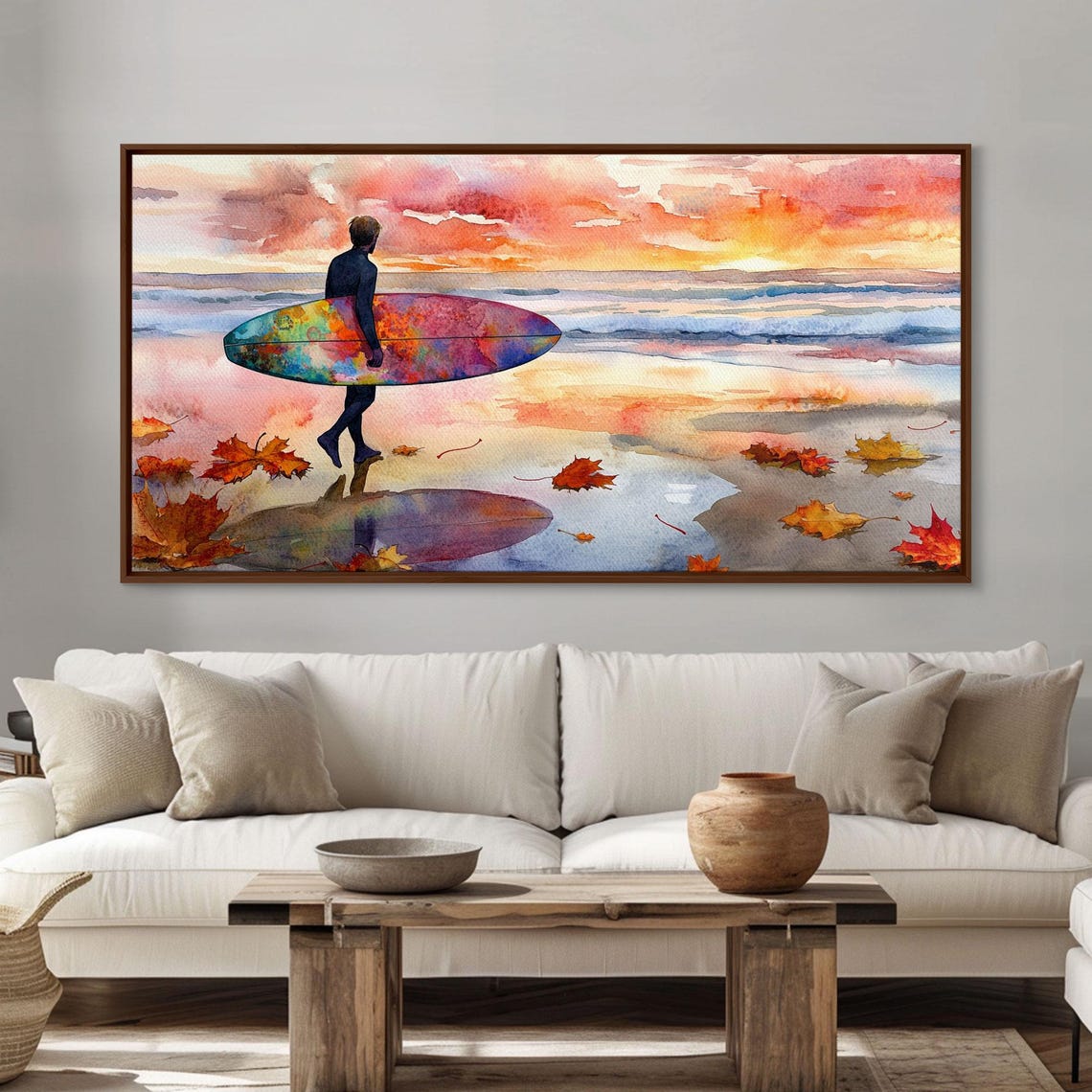 Autumn Surfing Sunset Surfer Colorful Board Maple Leaves Beach Poster - Image 5