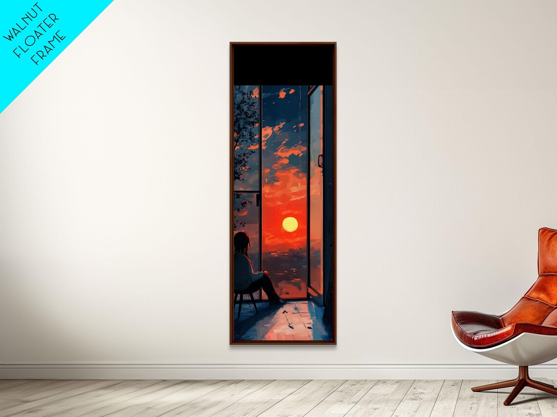 Anime Girl Watching Sunset Tall Window Orange Sky Watercolor Art Poster - Image 4