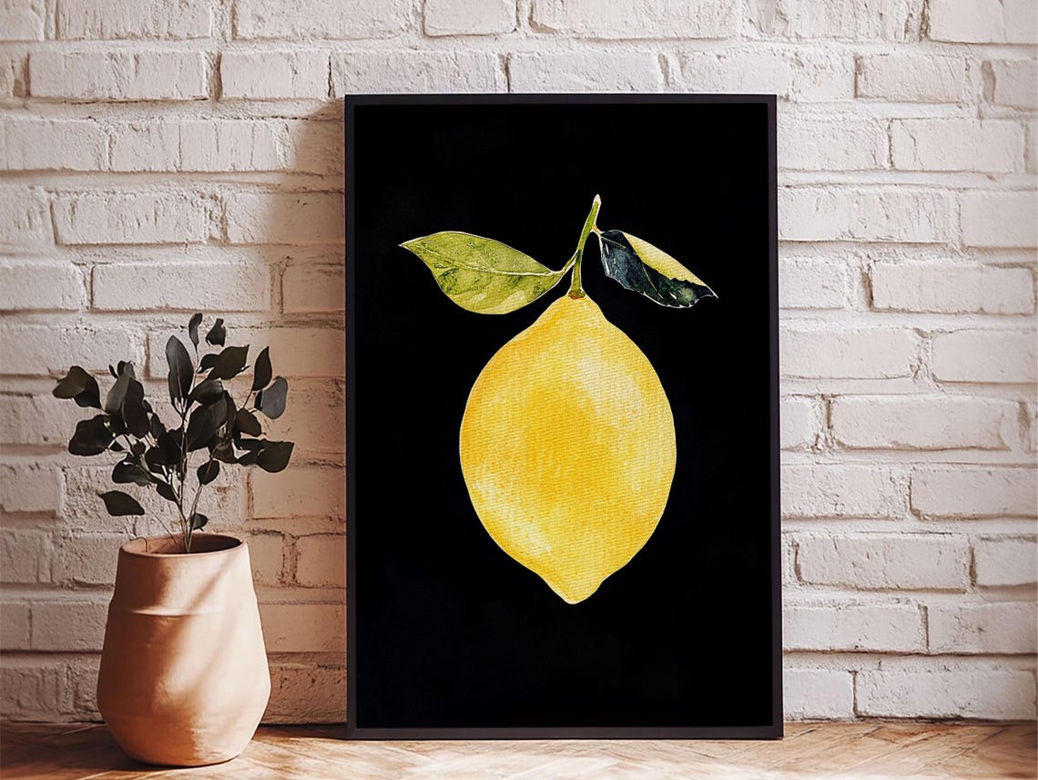 Single Yellow Lemon On Black Botanical Minimalist Fruit Print - Image 2