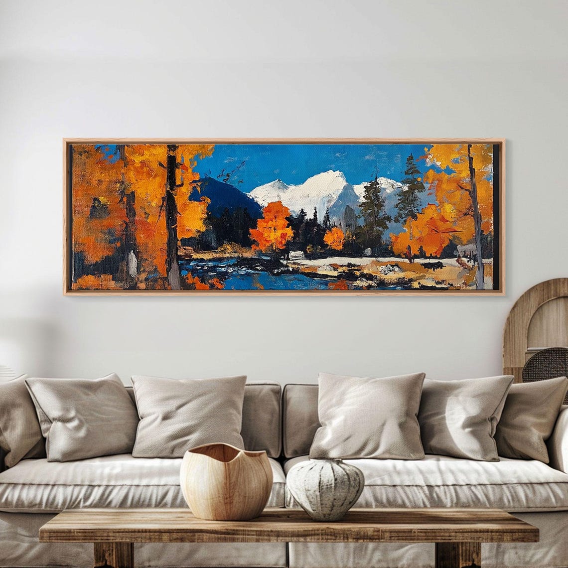 Fall Woodland Stream Golden Birches Snow Capped Mountain Poster - Image 2