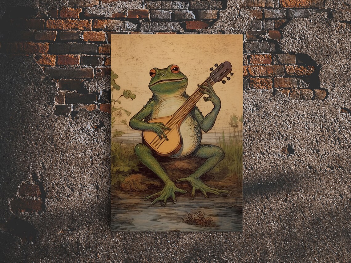 Vintage Frog Playing Banjo Moonlit Swamp Art Print - Image 6
