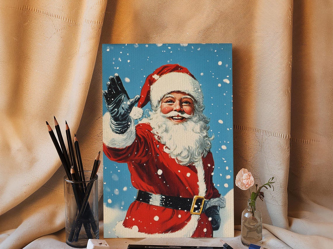 Vintage Santa Claus Waving Snow Retro Christmas Holiday Art Poster - Image 2